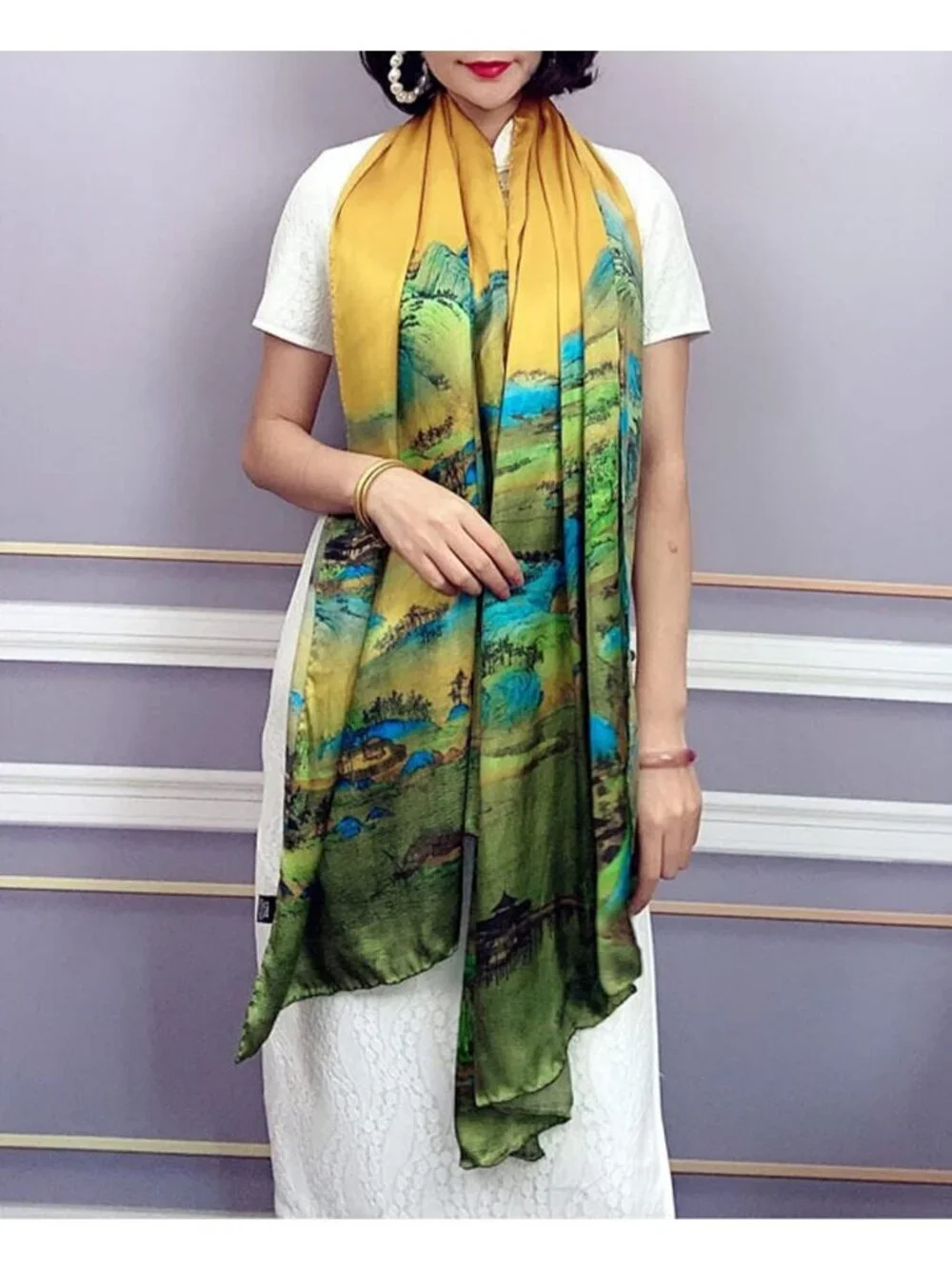 Women's Yellow Lightweight Silk Like Scarves Flower Print Head Cotton Wrap Scarf